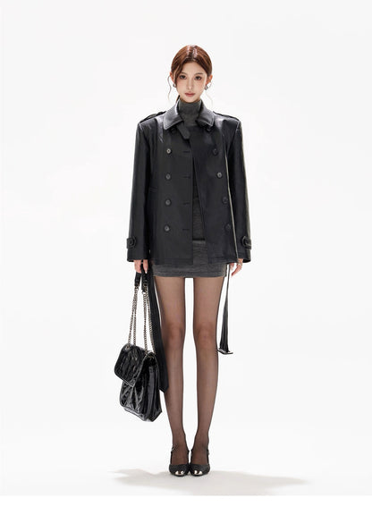 CYNR Standing collar double breasted leather jacket