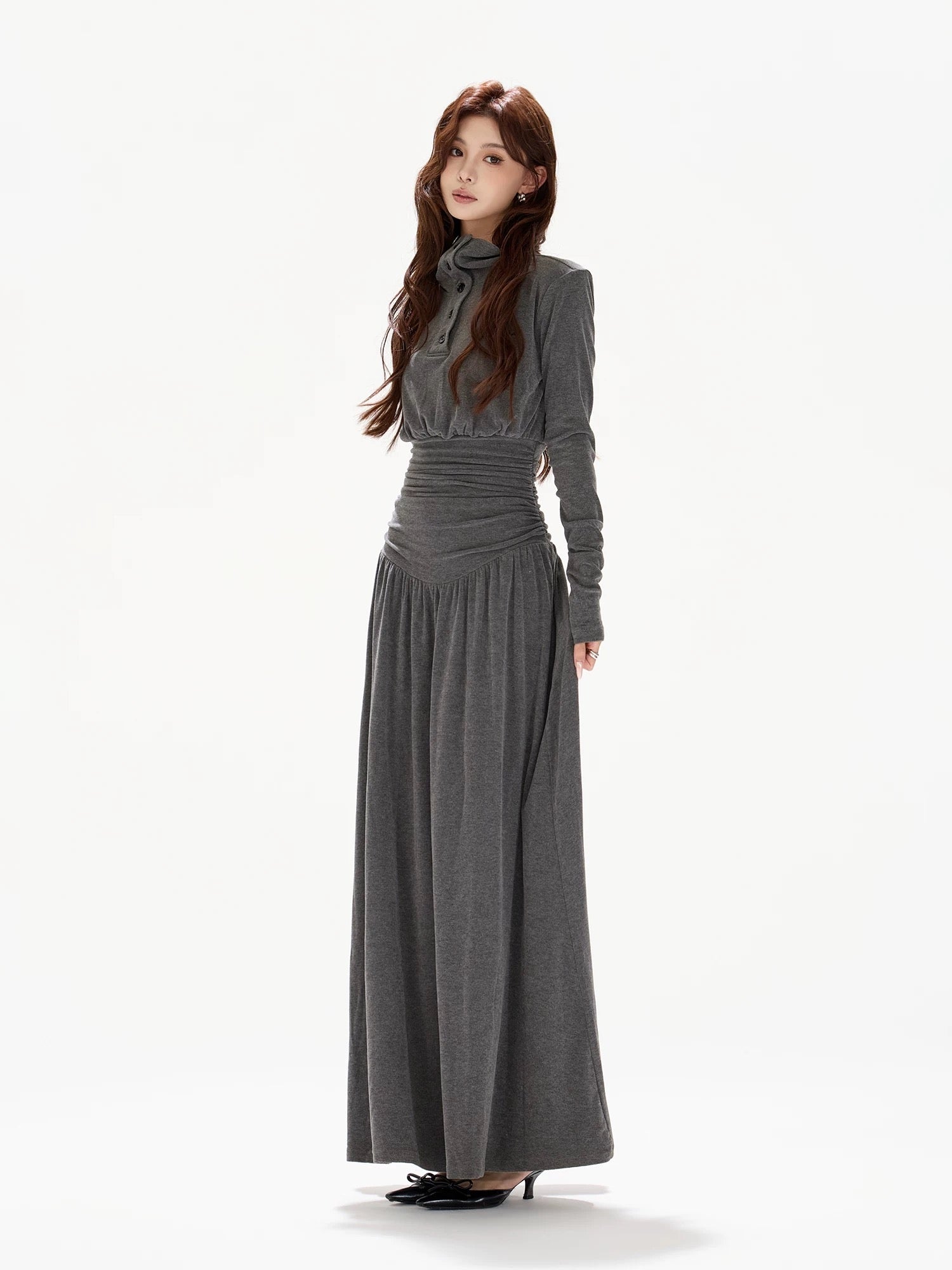 CYNR Polo collar pleated waist slimming dress