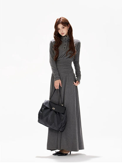 CYNR Polo collar pleated waist slimming dress