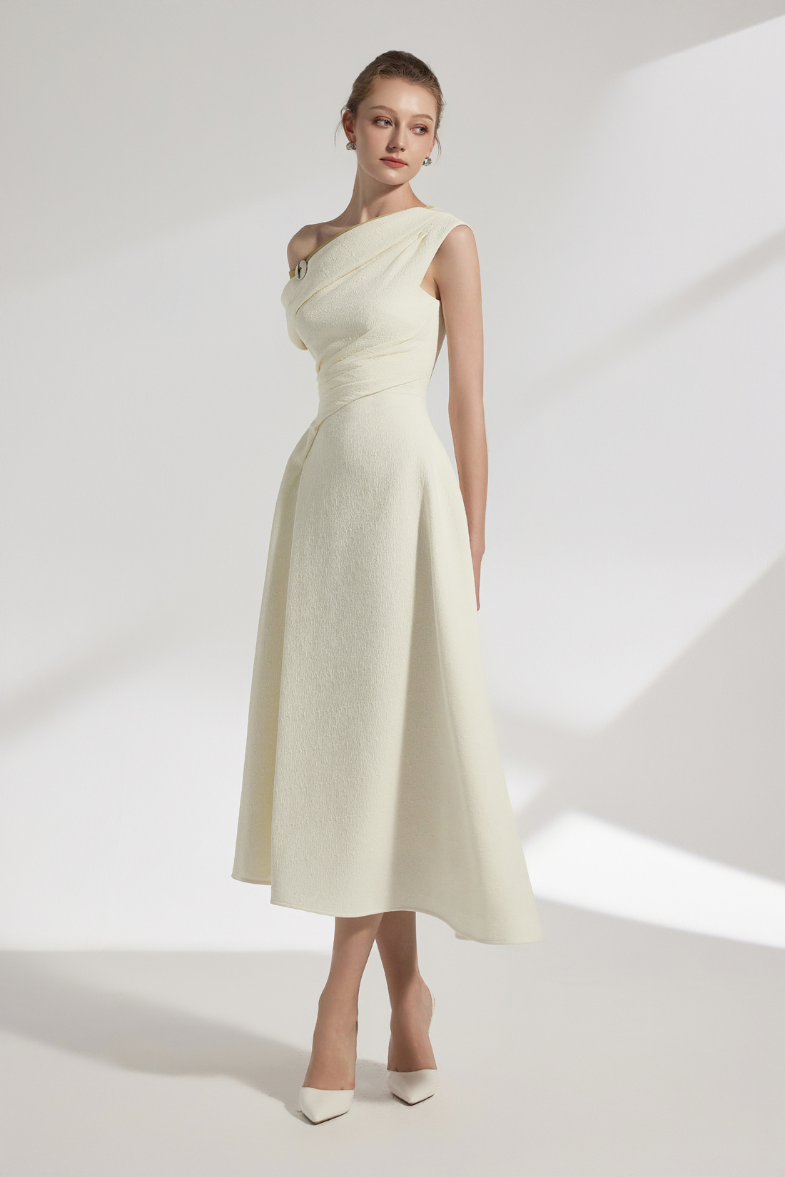 BYDENIO Elan Two-tone Off-shoulder Midi Dress