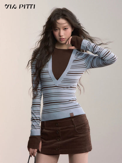 VIA PITTI VIADK637 Contrast striped round neck long sleeved knitted sweater