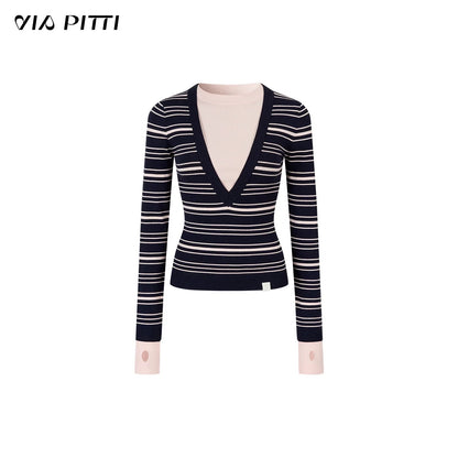VIA PITTI VIADK637 Contrast striped round neck long sleeved knitted sweater