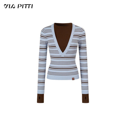 VIA PITTI VIADK637 Contrast striped round neck long sleeved knitted sweater