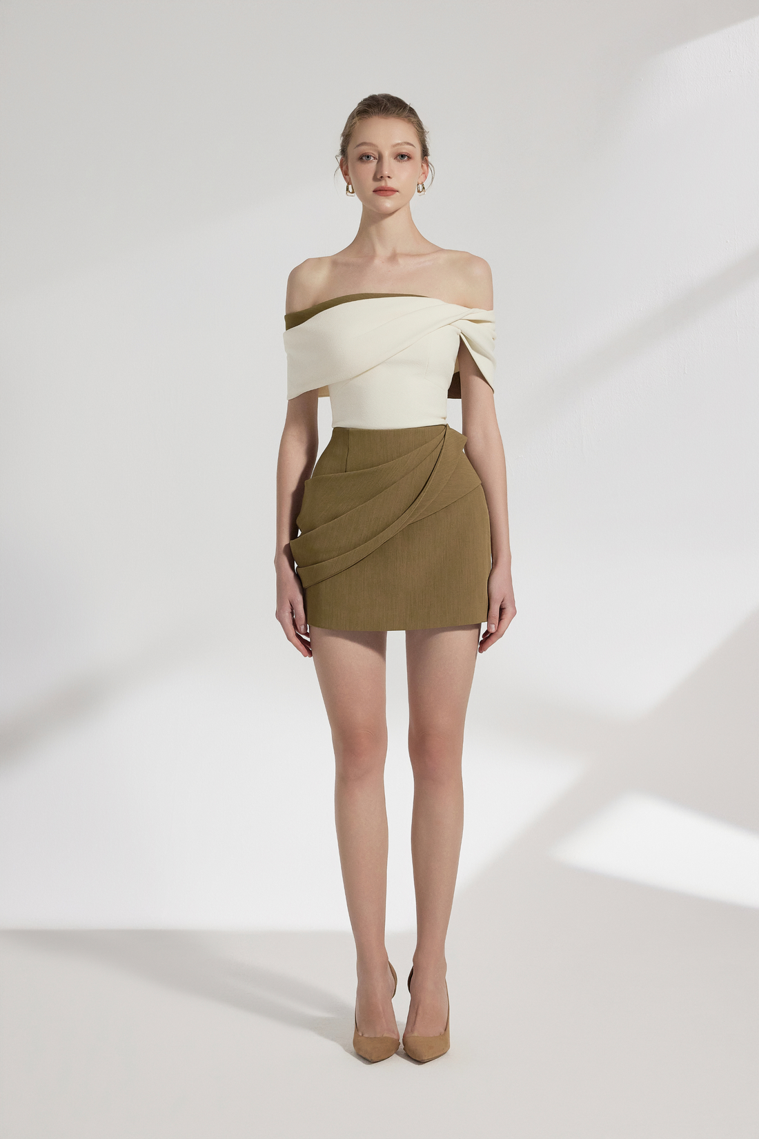 BYDENIO Sora Two-tone Draping Off-shoulder Top+Naya Draping A-line Mini Skirt