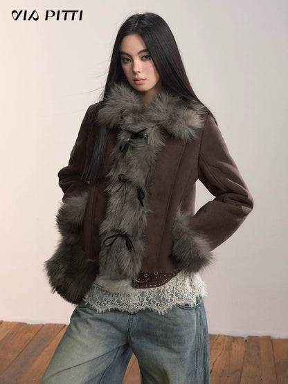 VIA PITTI VIADC590 Bow tie strap imitation fur one-piece jacket