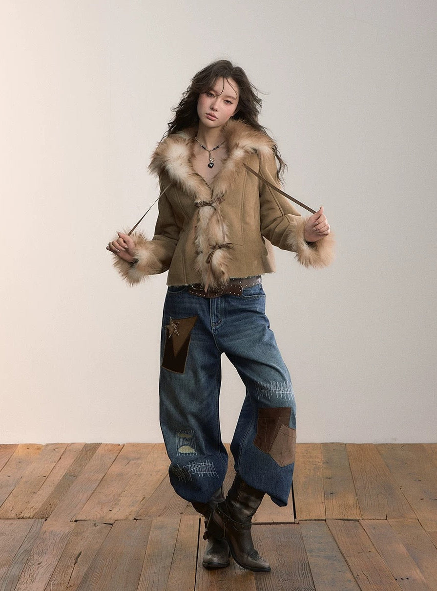 VIA PITTI in stock VIADC590 Bow tie strap imitation fur one-piece jacket