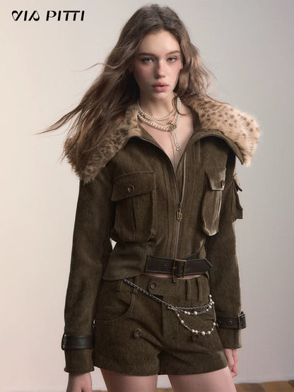 VIA PITTI VIADC584 Leopard print fur collar waist cinching jacket