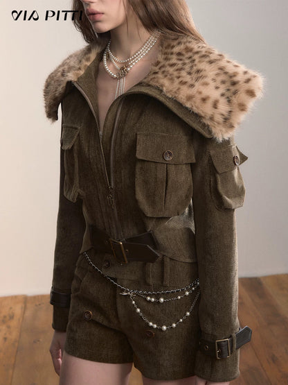 VIA PITTI VIADC584 Leopard print fur collar waist cinching jacket