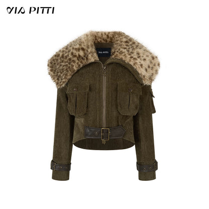 VIA PITTI VIADC584 Leopard print fur collar waist cinching jacket