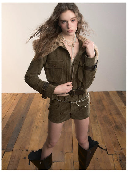 VIA PITTI VIADC584 Leopard print fur collar waist cinching jacket