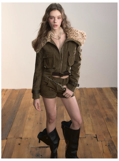 VIA PITTI VIADC584 Leopard print fur collar waist cinching jacket