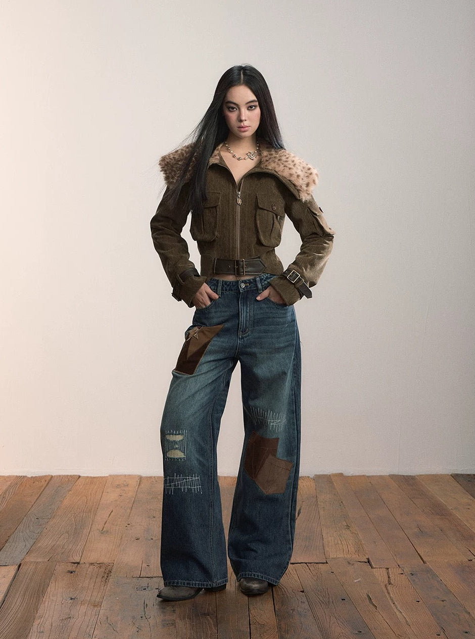 VIA PITTI VIADC584 Leopard print fur collar waist cinching jacket