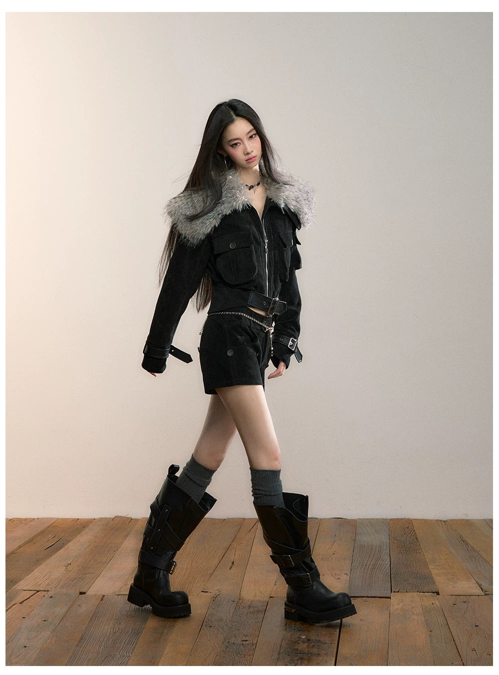 VIA PITTI VIADC584 Leopard print fur collar waist cinching jacket