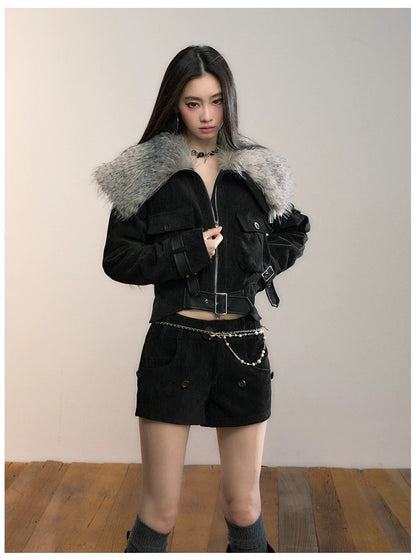 VIA PITTI VIADC584 Leopard print fur collar waist cinching jacket
