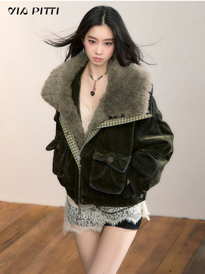 VIA PITTI VIADC664 Velvet denim fur collar down jacket