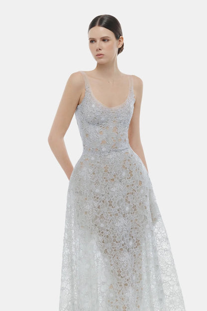 Montsand Blue Flower Lace Midi Dress