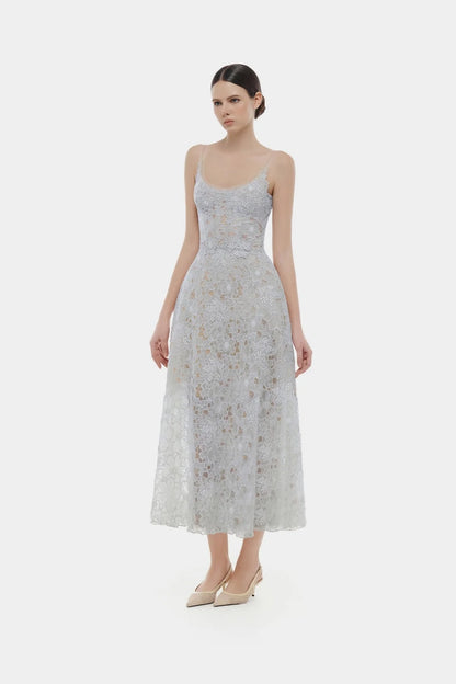 Montsand Blue Flower Lace Midi Dress