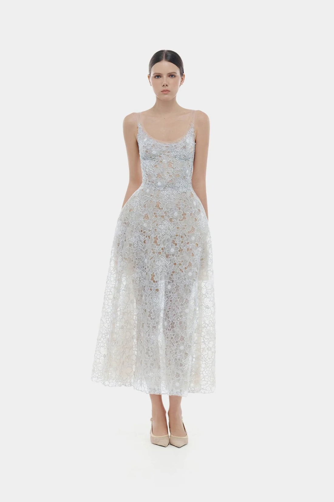 Montsand Blue Flower Lace Midi Dress