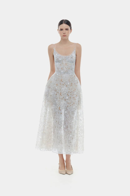 Montsand Blue Flower Lace Midi Dress