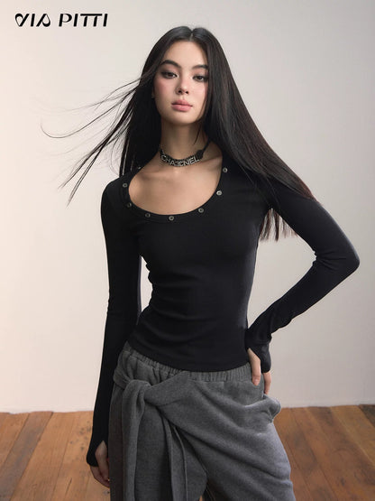 VIA PITTI VIADTP623 Irregular U-neck base long sleeved knitted sweater