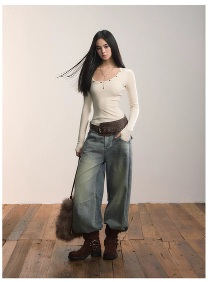 VIA PITTI VIADTP623 Irregular U-neck base long sleeved knitted sweater