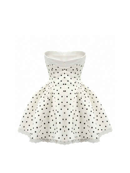 Jean Soo Polka print waist cinching strapless puffy dress