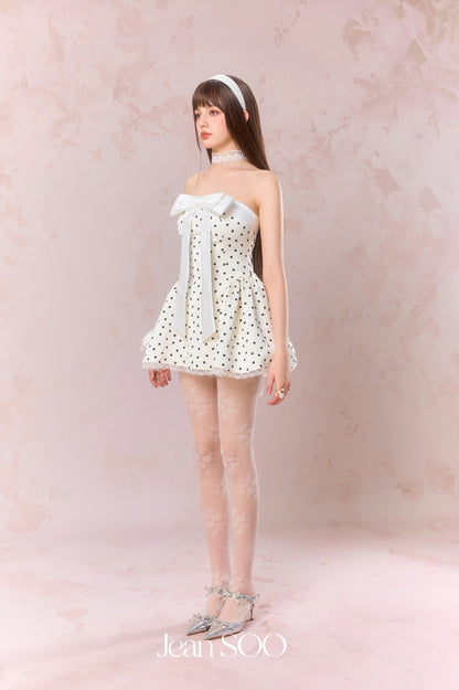 Jean Soo Polka print waist cinching strapless puffy dress