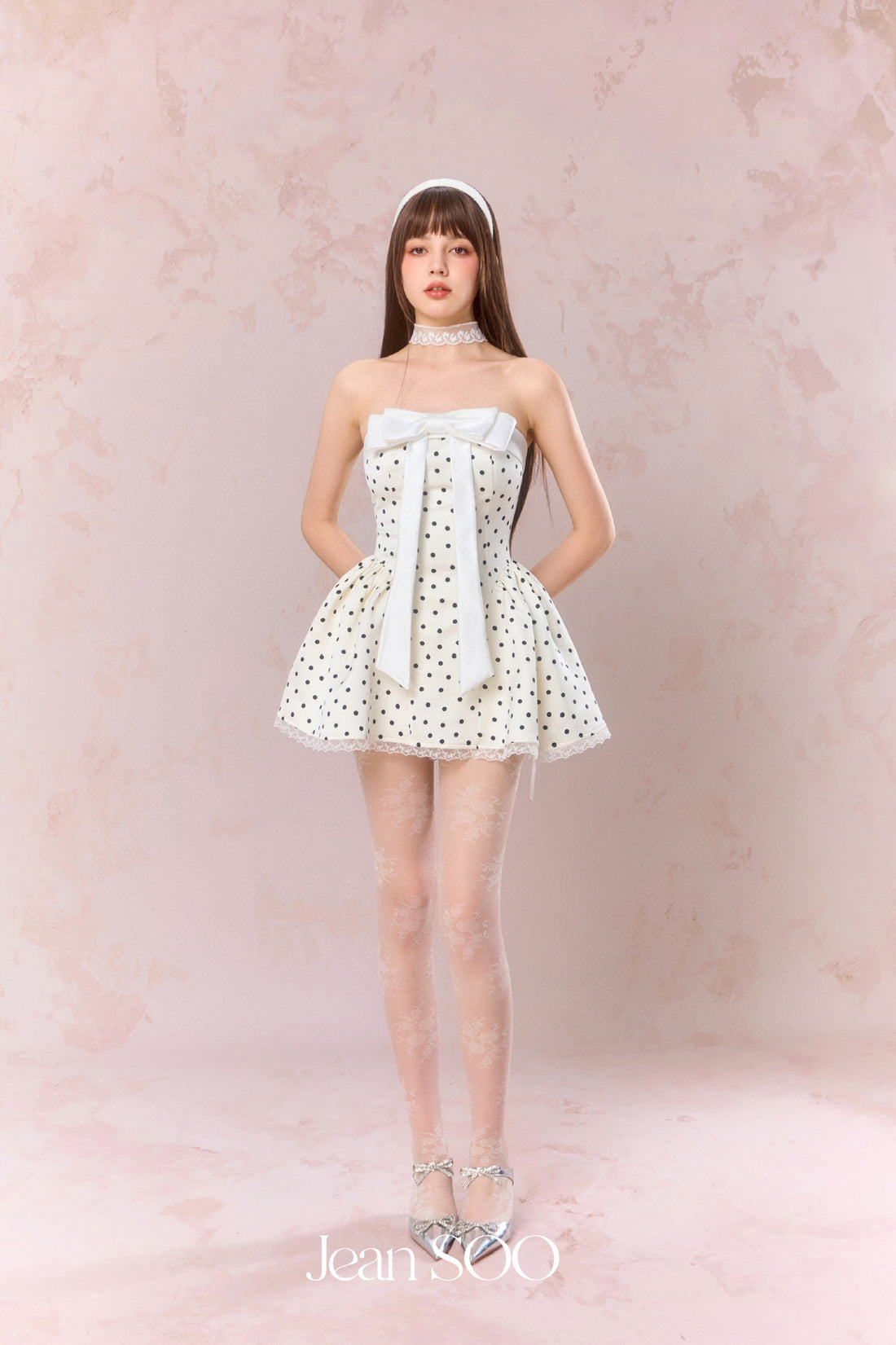Jean Soo Polka print waist cinching strapless puffy dress