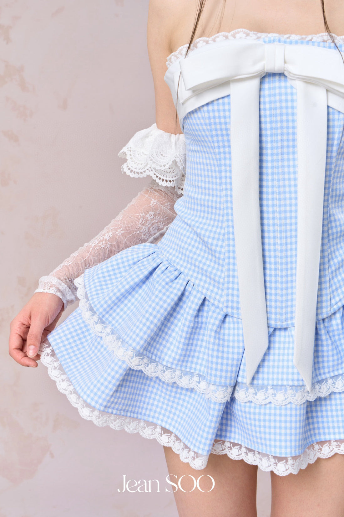 Jean Soo Splicing plaid fishbone strapless top + skirt set
