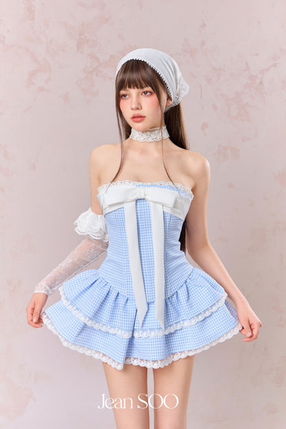 Jean Soo Splicing plaid fishbone strapless top + skirt set