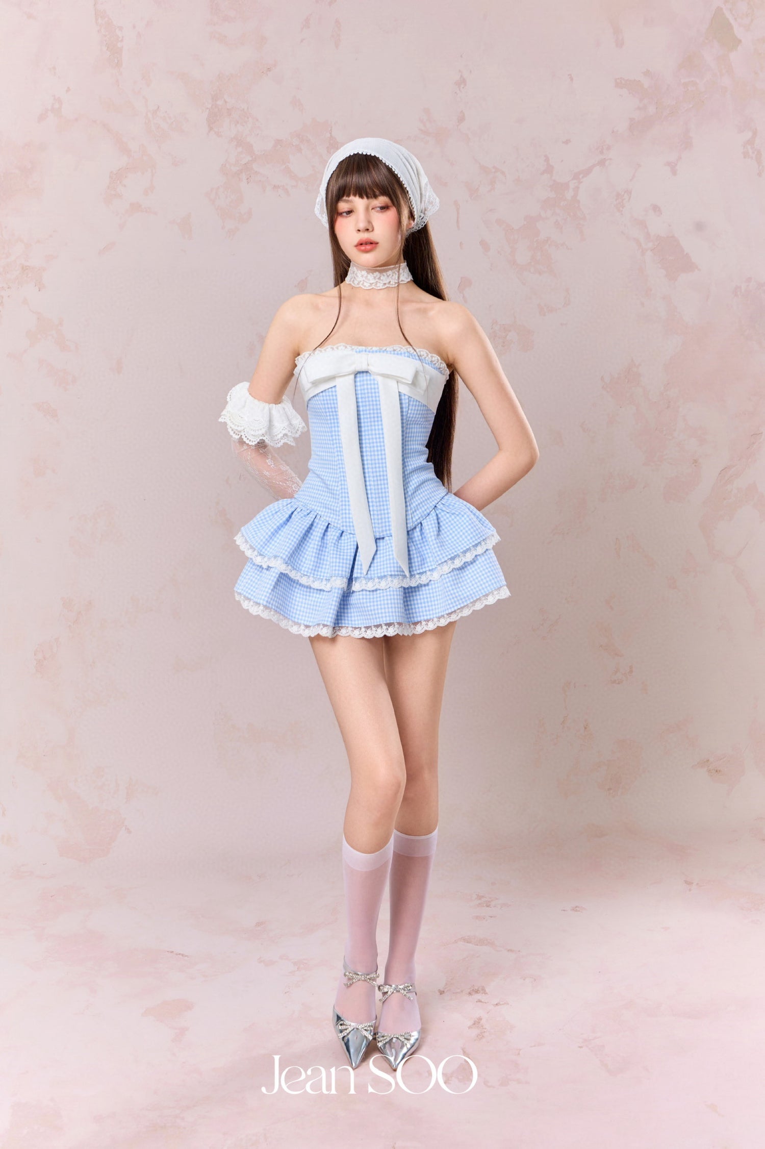 Jean Soo Splicing plaid fishbone strapless top + skirt set