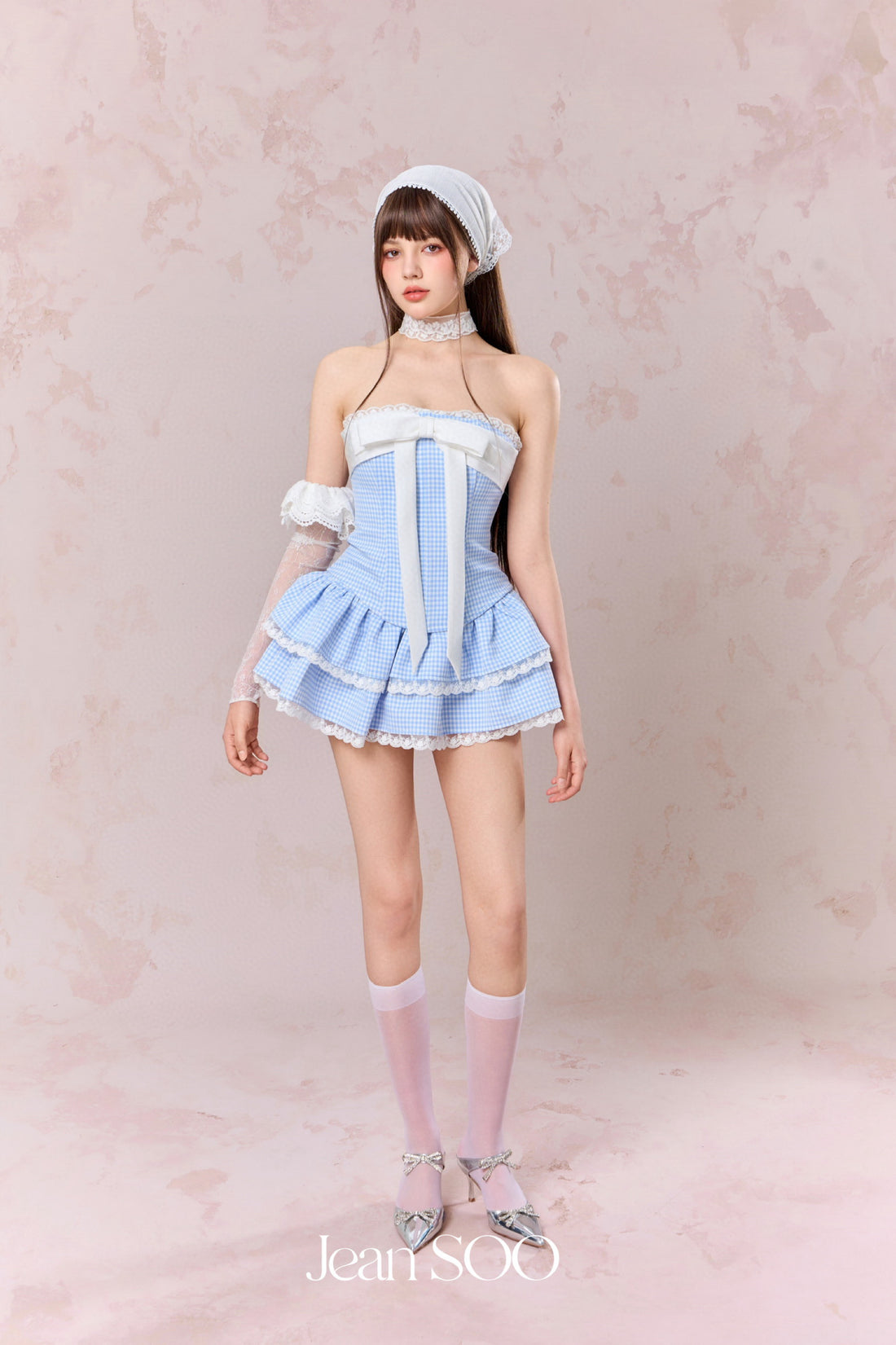 Jean Soo Splicing plaid fishbone strapless top + skirt set