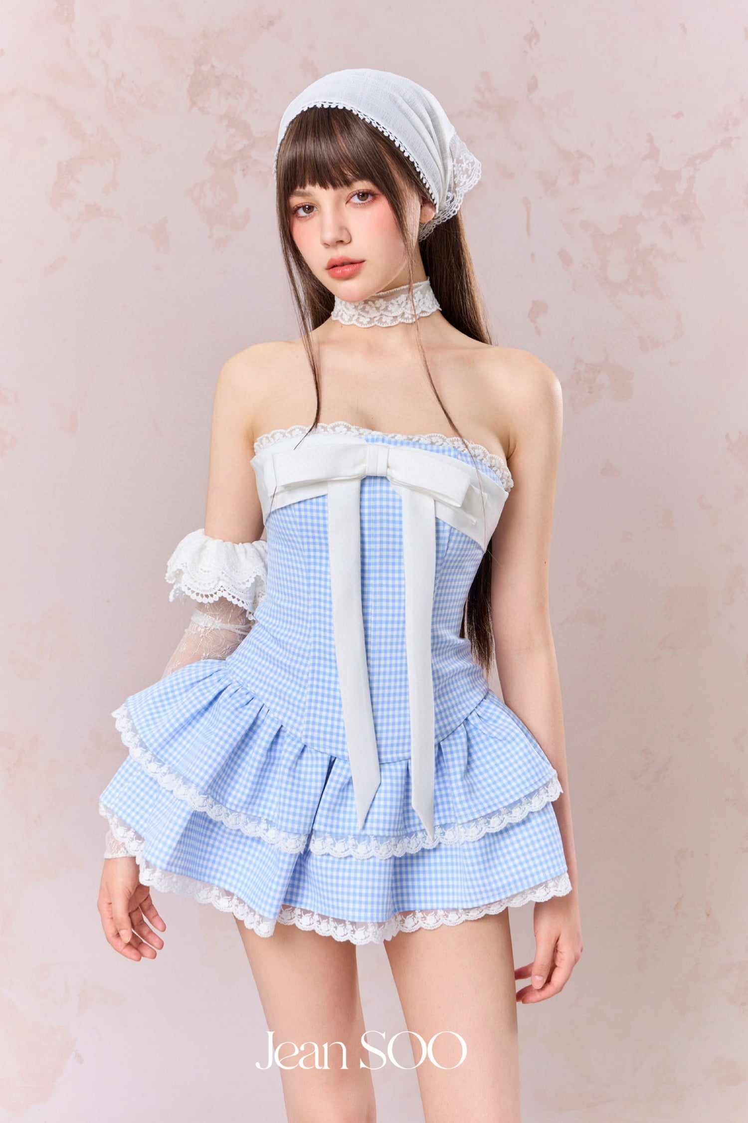 Jean Soo Splicing plaid fishbone strapless top + skirt set