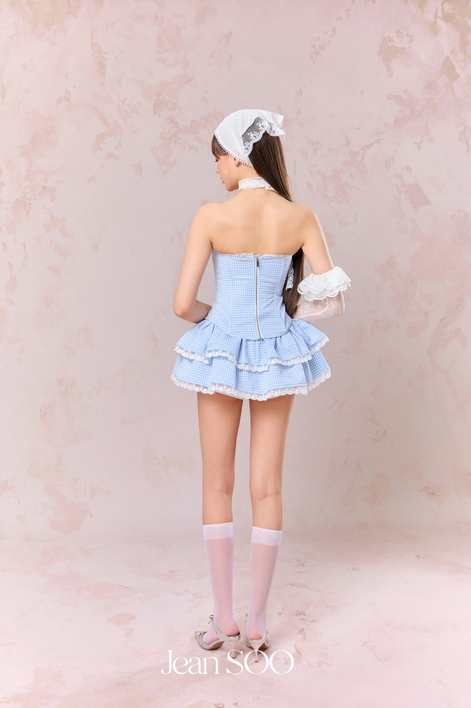 Jean Soo Splicing plaid fishbone strapless top + skirt set