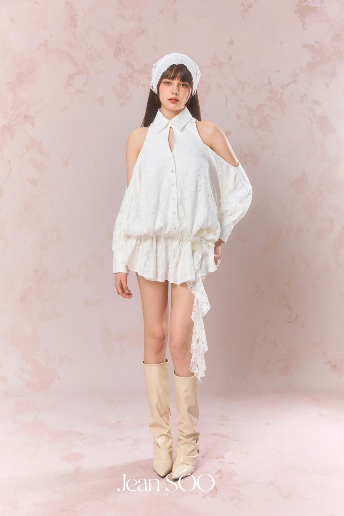 Jean Soo Embroidered lace off shoulder shirt dress