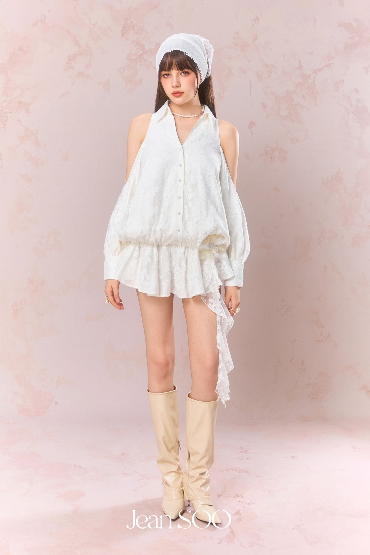 Jean Soo Embroidered lace off shoulder shirt dress – CHUUI_Collection Jean Soo Embroidered lace off shoulder shirt dress – CHUUI_Collection