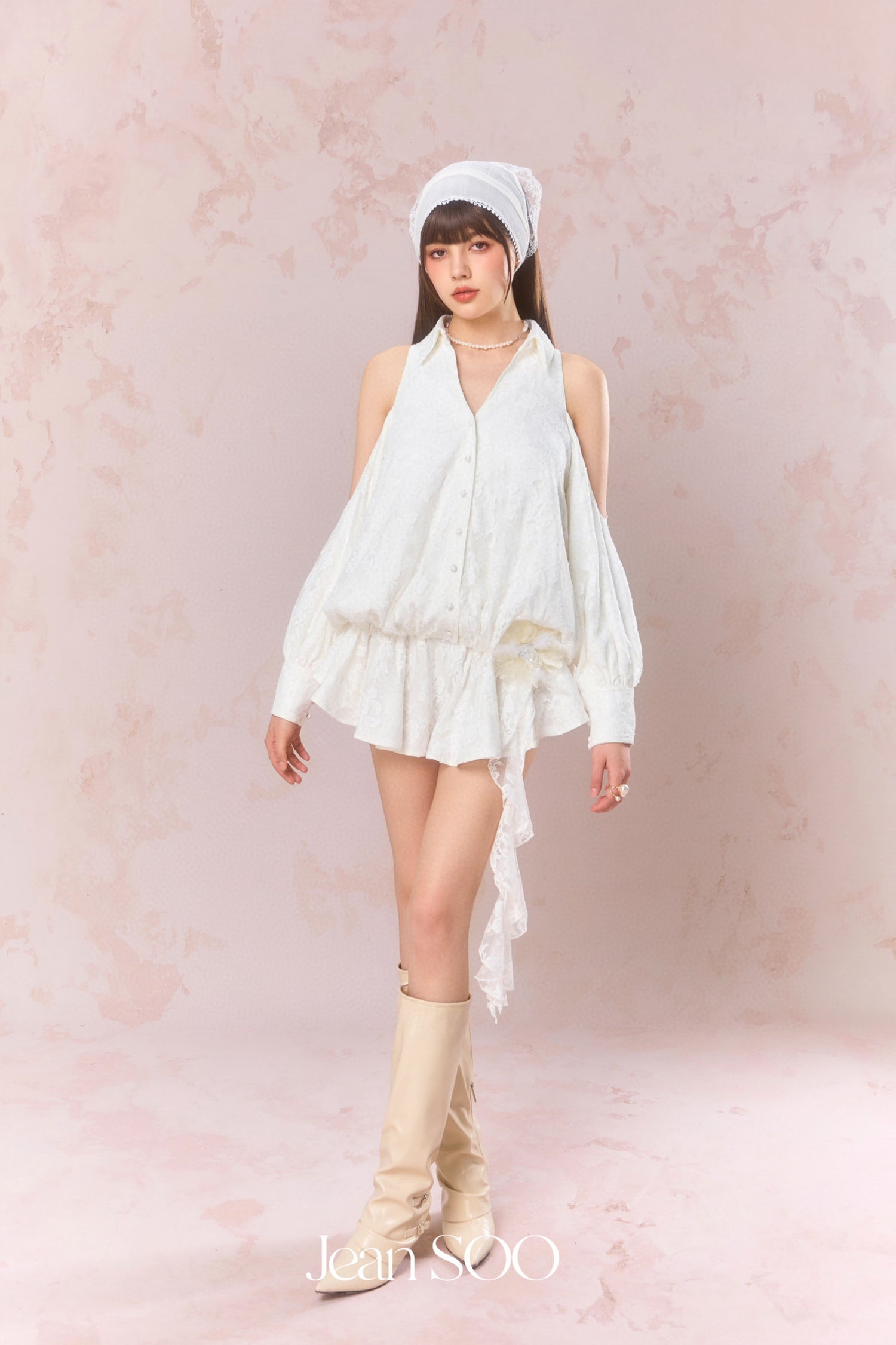 Jean Soo Embroidered lace off shoulder shirt dress