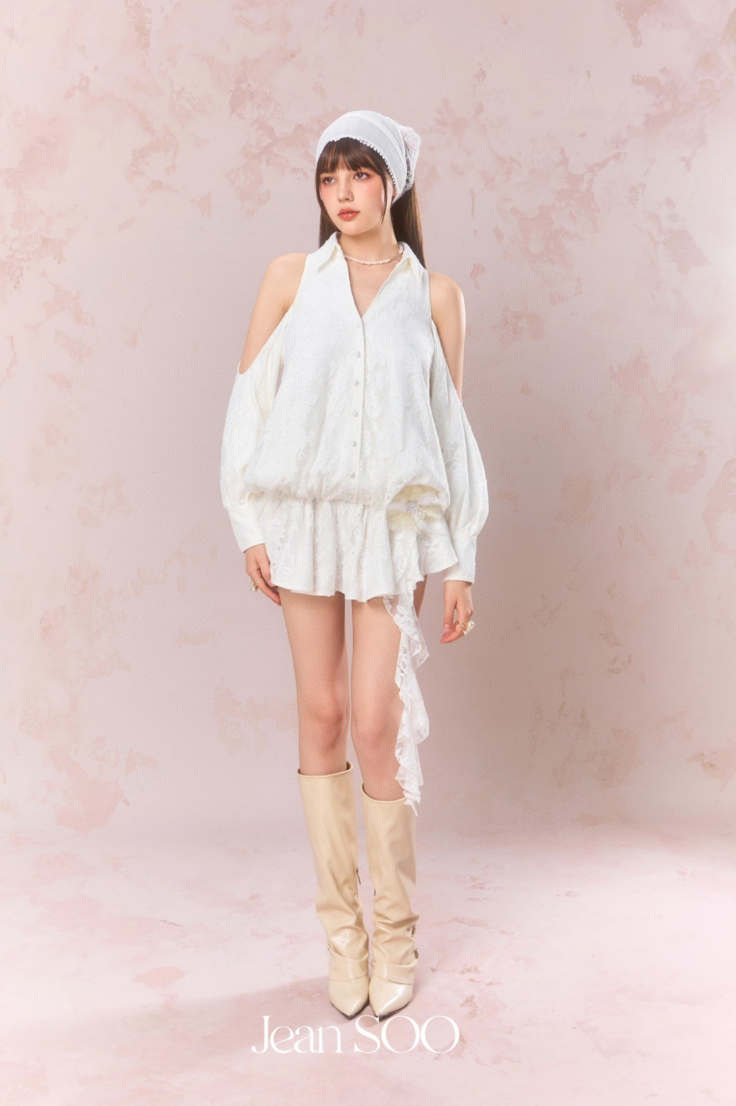 Jean Soo Embroidered lace off shoulder shirt dress