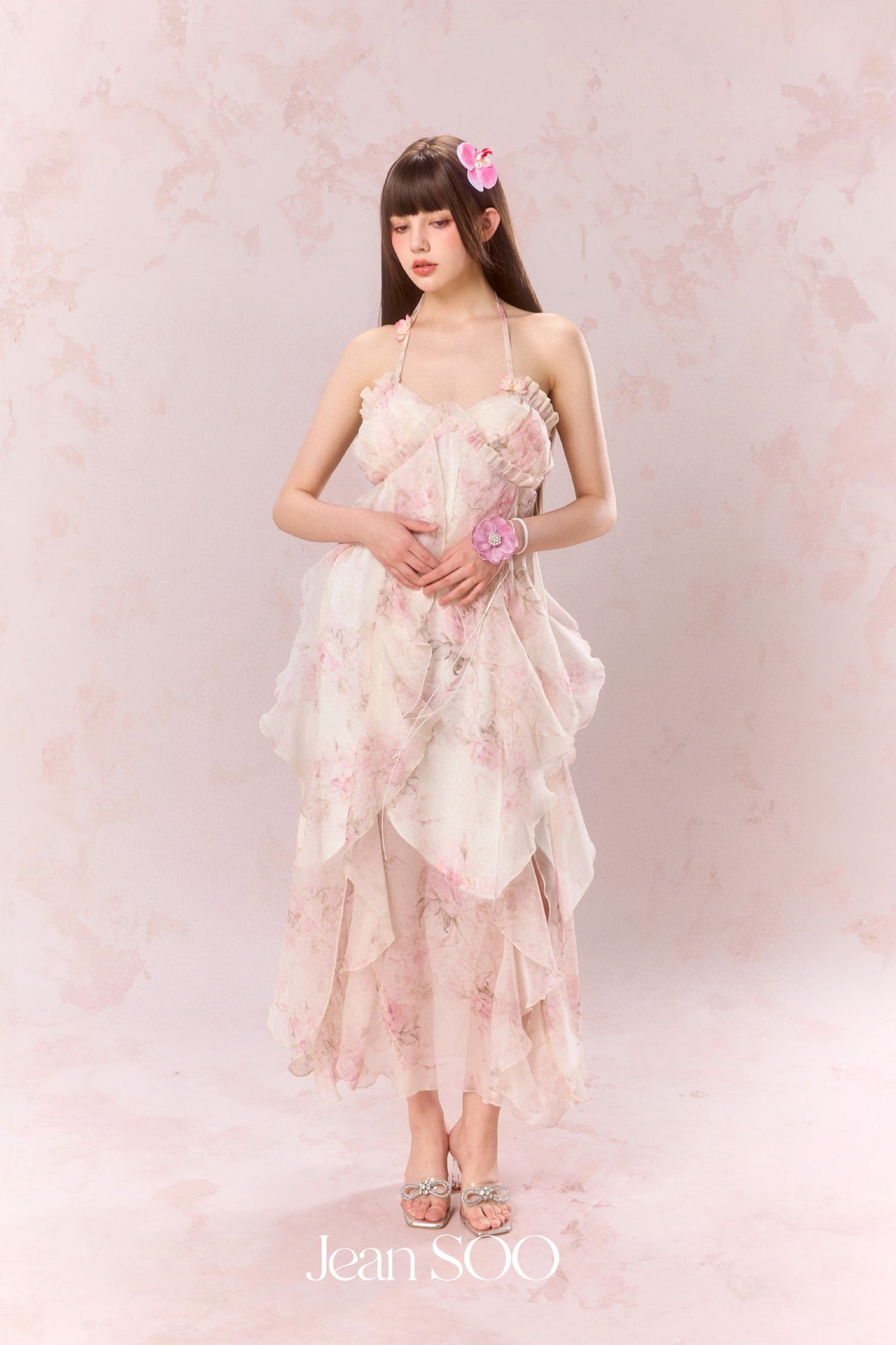 Jean Soo Irregular patchwork skirt halter neck dress