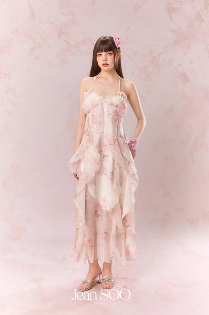 Jean Soo Irregular patchwork skirt halter neck dress