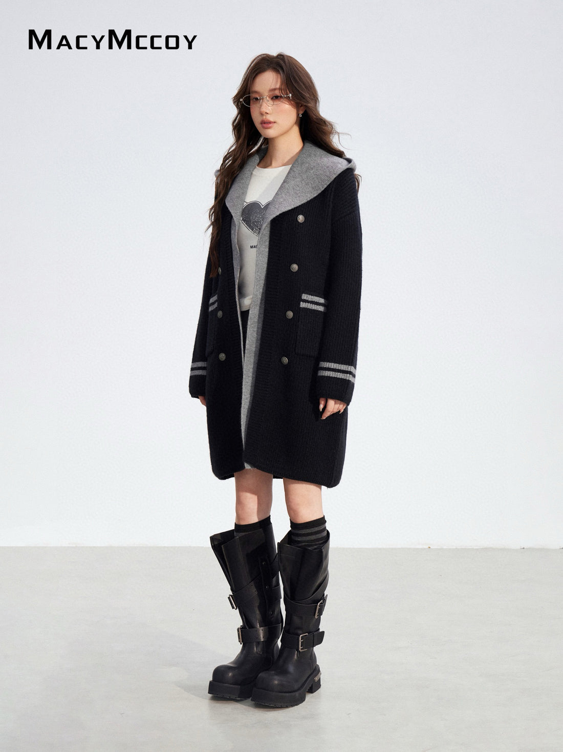 MacyMccoy MMC2025174 Long hooded sweater patchwork jacket