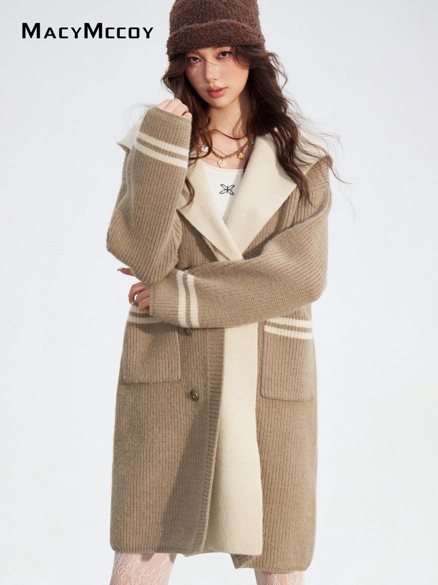 MacyMccoy MMC2025174 Long hooded sweater patchwork jacket