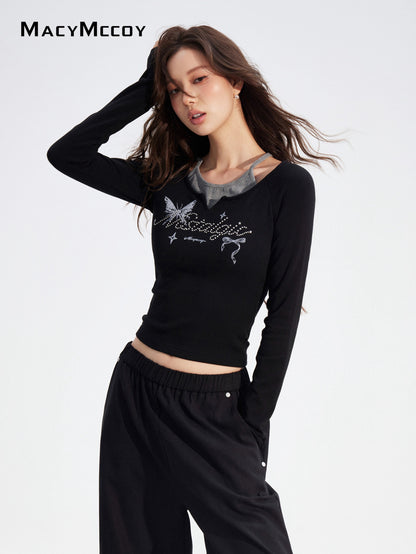 MacyMccoy MMC2025177 Fake two piece butterfly T-shirts