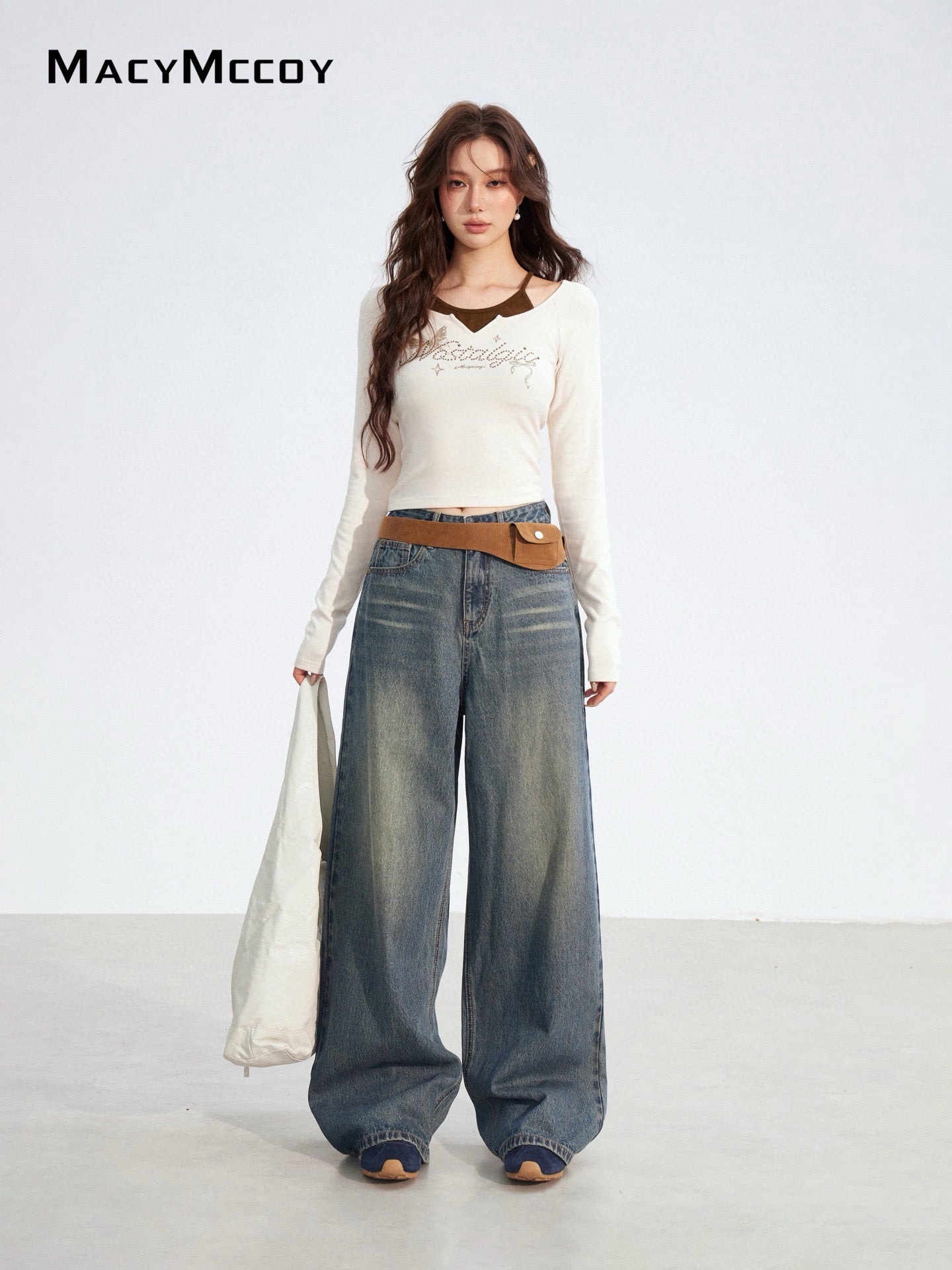 MacyMccoy in stock MMC2025180 Splicing denim wide leg pants