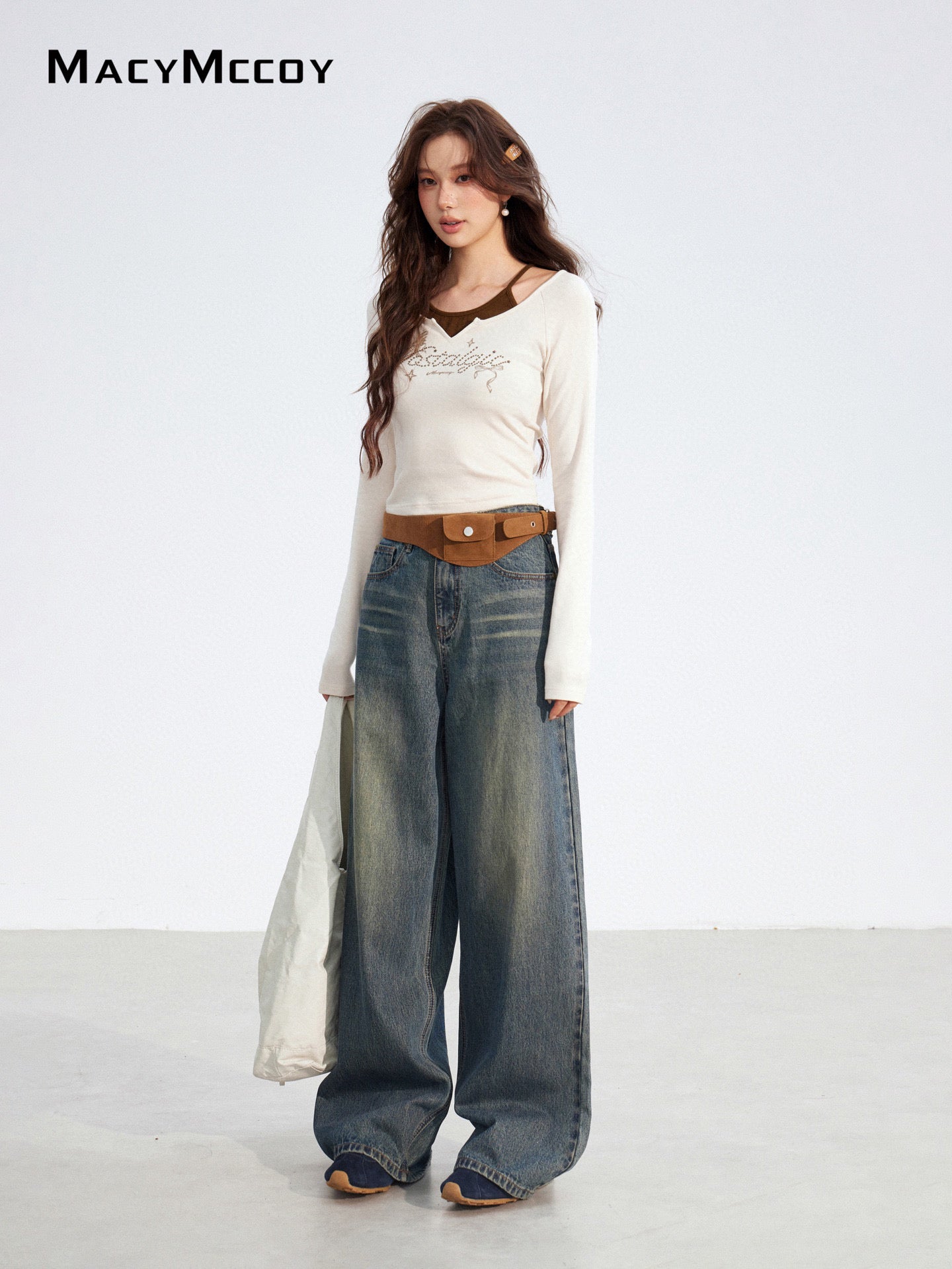 MacyMccoy in stock MMC2025180 Splicing denim wide leg pants