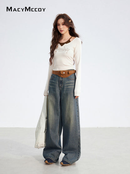MacyMccoy MMC2025180 Splicing denim wide leg pants