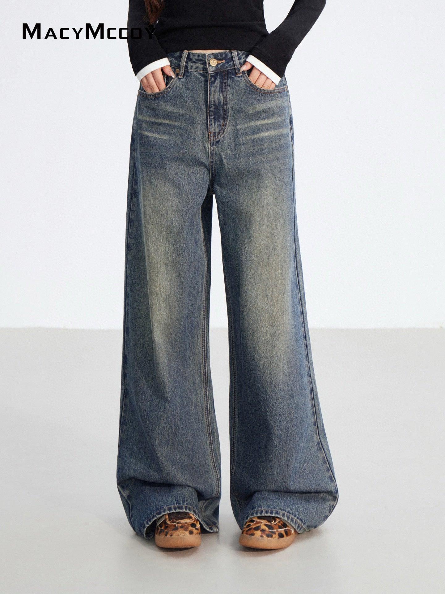 MacyMccoy in stock MMC2025180 Splicing denim wide leg pants
