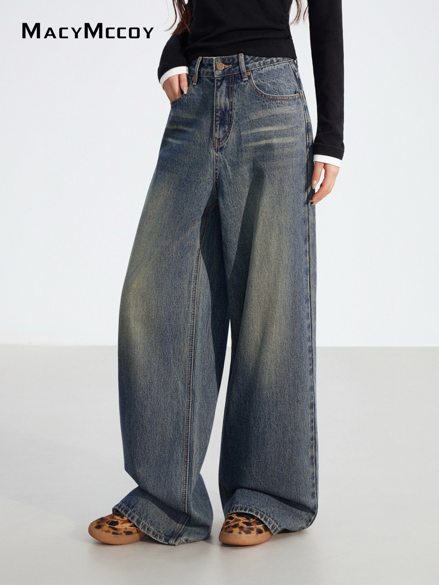 MacyMccoy in stock MMC2025180 Splicing denim wide leg pants