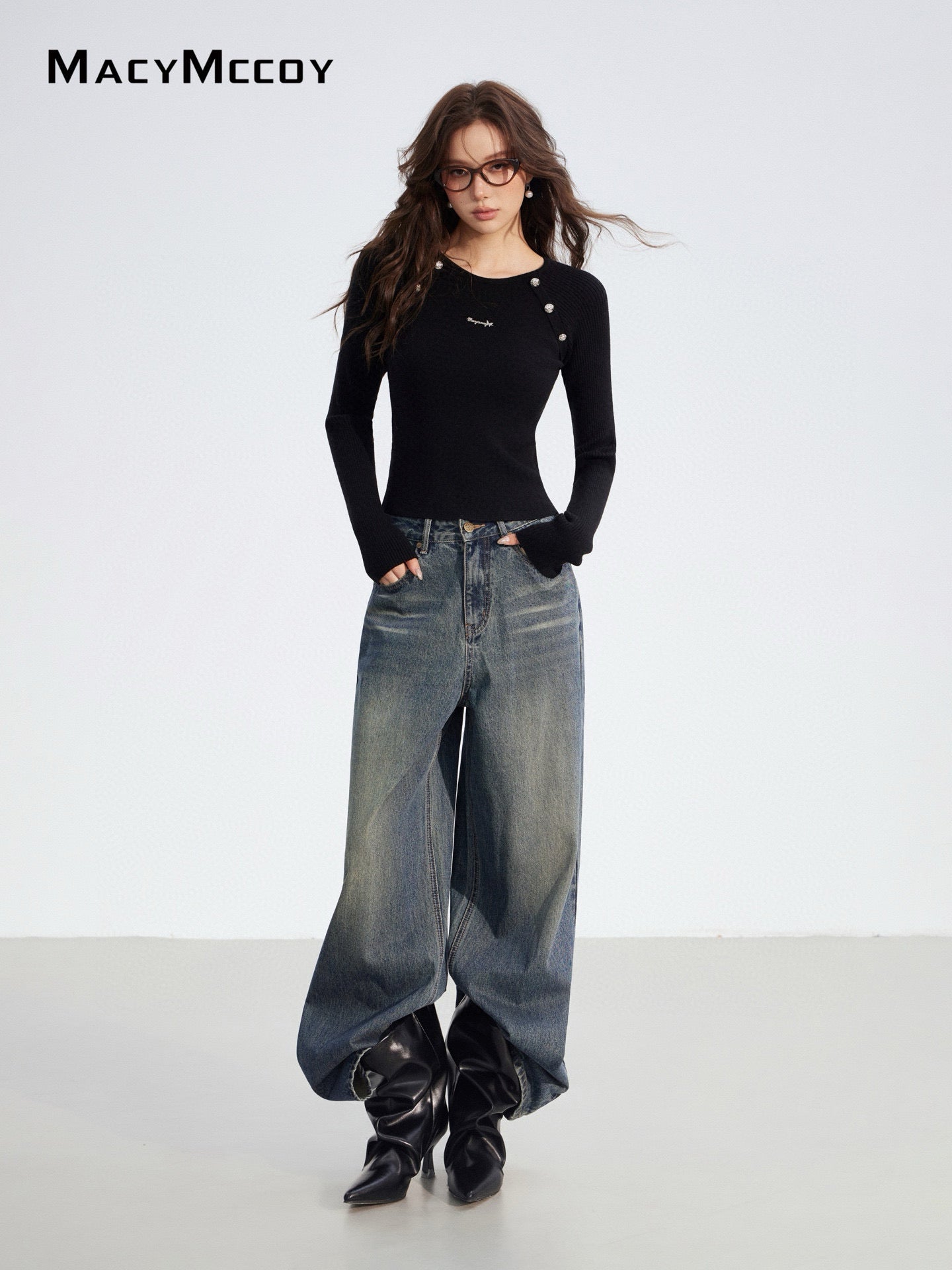 MacyMccoy in stock MMC2025180 Splicing denim wide leg pants