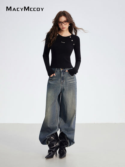 MacyMccoy MMC2025180 Splicing denim wide leg pants